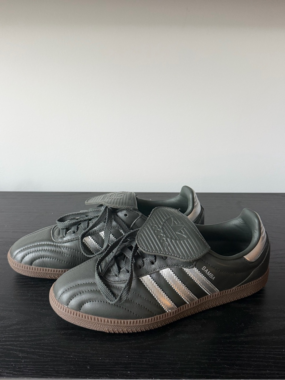 adidas Samba Sneakers in Dark Green with Silver Stripes and Gum Sole